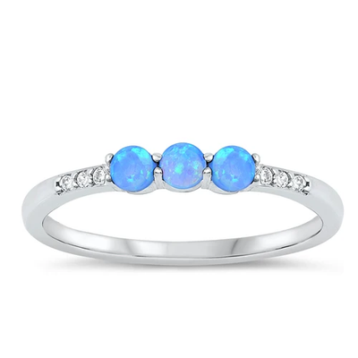 Sterling Silver Rhodium Plated 3mm Blue Lab Opal And Clear CZ Ring