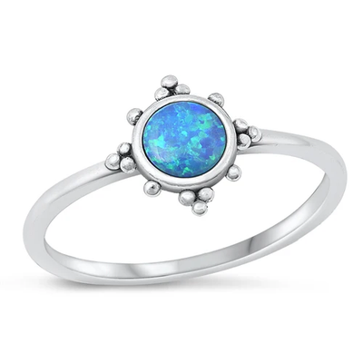 Sterling Silver Oxidized Round Blue Lab Opal Ring
