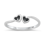 Sterling Silver Rhodium Plated Hearts Black Agate Stone Ring
