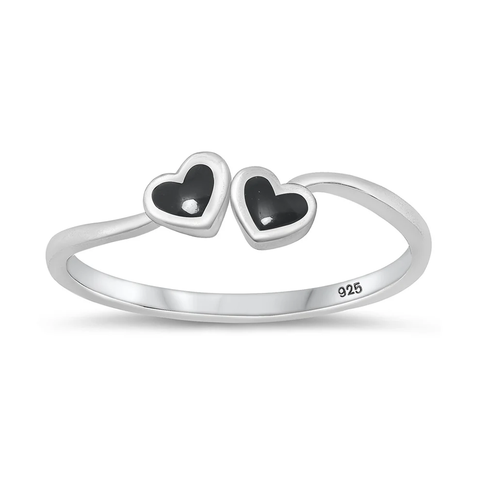Sterling Silver Rhodium Plated Hearts Black Agate Stone Ring