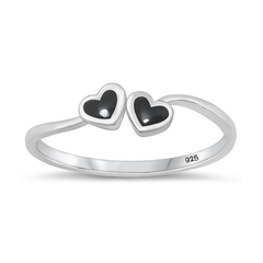 Sterling Silver Rhodium Plated Hearts Black Agate Stone Ring