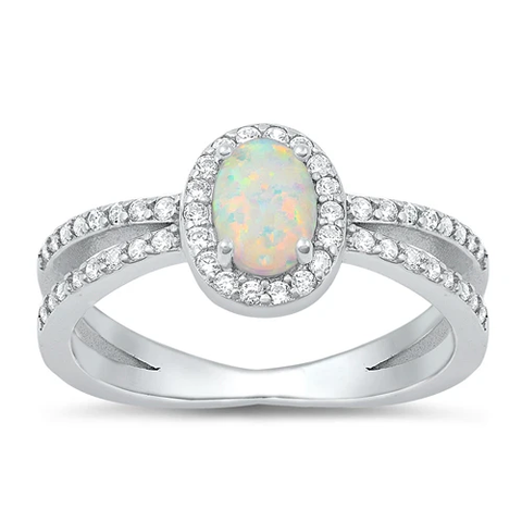 Sterling Silver Rhodium Plated White Lab Opal And Clear CZ Ring