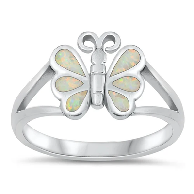 Sterling Silver Rhodium Plated White Lab Opal Butterfly Ring