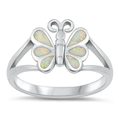 Sterling Silver Rhodium Plated White Lab Opal Butterfly Ring