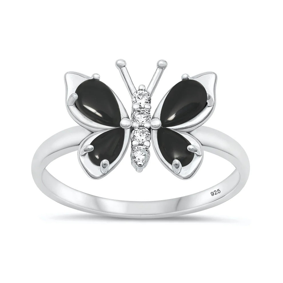 Sterling Silver Oxidized And Polished Butterfly Black Onyx And Clear CZ Ring