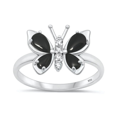 Sterling Silver Oxidized And Polished Butterfly Black Onyx And Clear CZ Ring