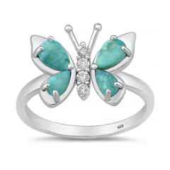 Sterling Silver Rhodium Plated Butterfly Genuine Turquoise And Clear CZ Ring
