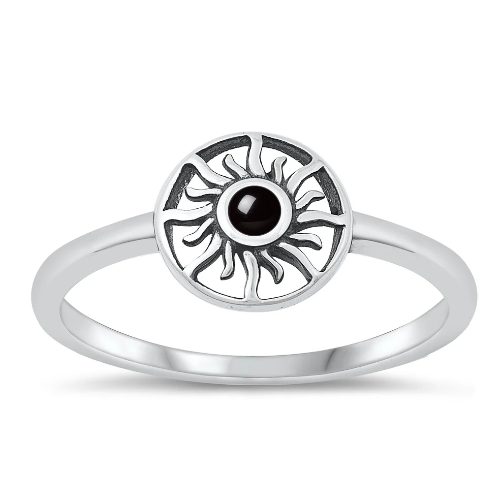 Sterling Silver Oxidized Sun Black Agate Stone Ring