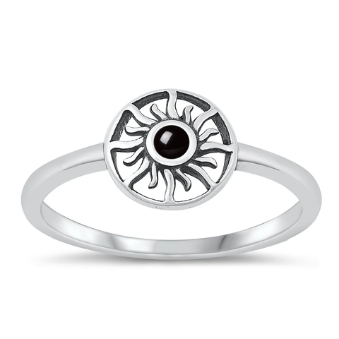 Sterling Silver Oxidized Sun Black Agate Stone Ring