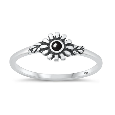 Sterling Silver Oxidized 6.6mm Flower Black Agate Stone Ring