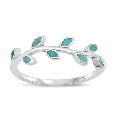 Sterling Silver Rhodium Plated Genuine Turquoise Vines Stone Ring
