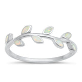 Sterling Silver Rhodium Plated White Lab Opal Leaves Ring