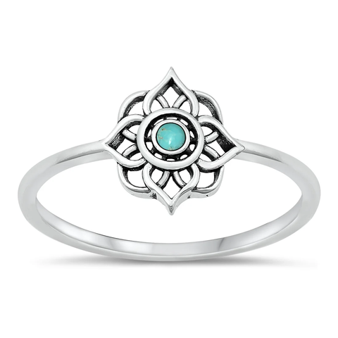 Sterling Silver Genuine Turquoise Centered Flower Ring