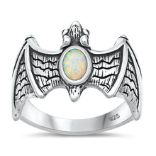 Load image into Gallery viewer, Sterling Silver Oxidized And Polished White Lab Opal Bat Ring