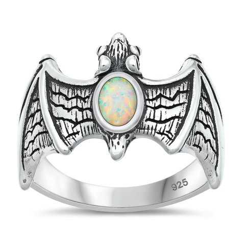 Sterling Silver Oxidized And Polished White Lab Opal Bat Ring
