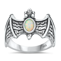 Sterling Silver Oxidized And Polished White Lab Opal Bat Ring