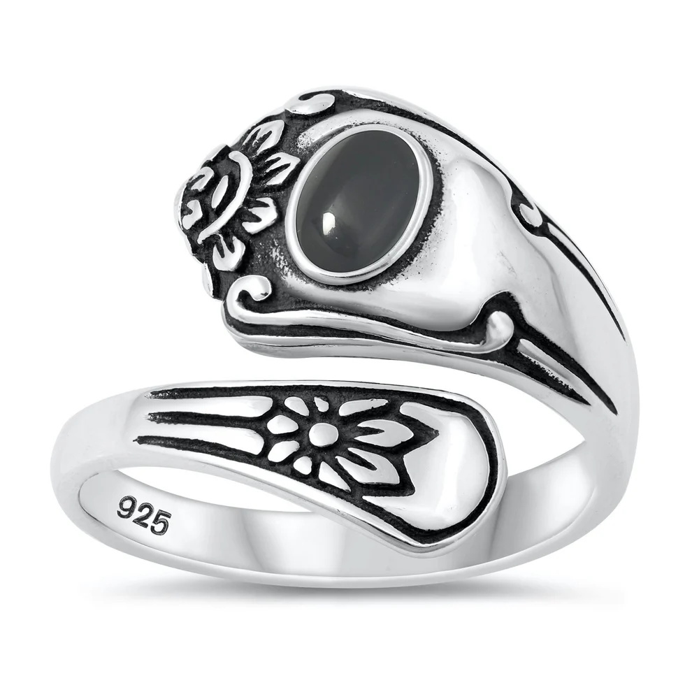 Sterling Silver Oxidized Spoon Black Agate Stone Ring