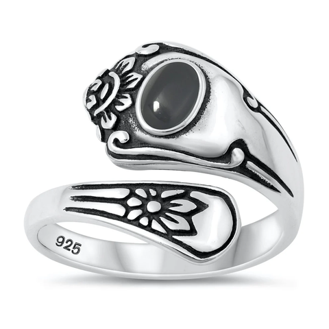 Sterling Silver Oxidized Spoon Black Agate Stone Ring
