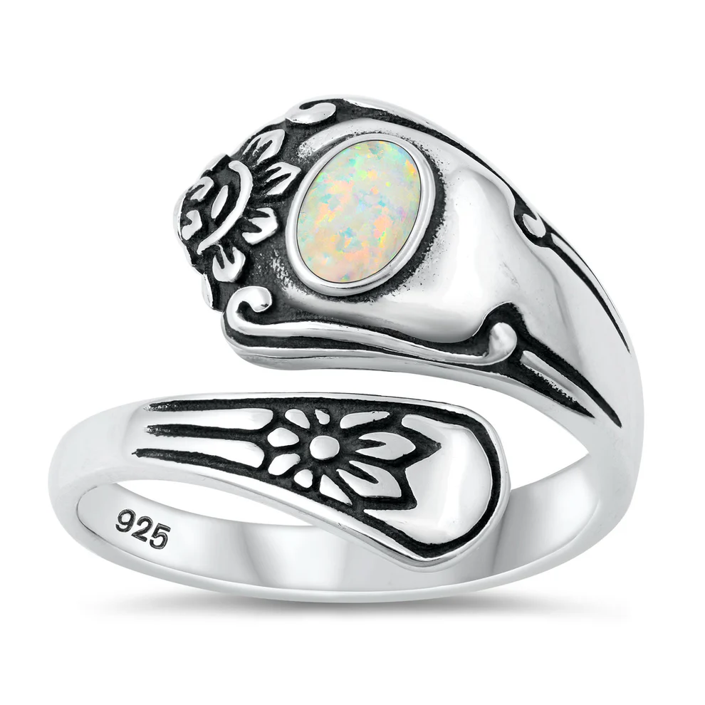 Sterling Silver Oxidized White Lab Opal Spoon Ring