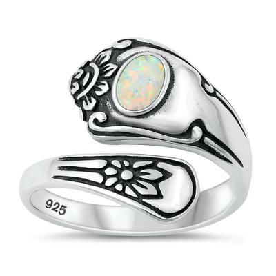 Sterling Silver Oxidized White Lab Opal Spoon Ring