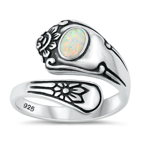 Sterling Silver Oxidized White Lab Opal Spoon Ring