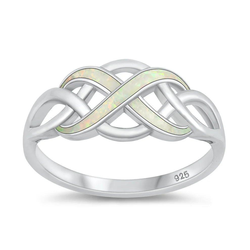 Sterling Silver Rhodium Plated Infinity White Lab Opal Ring