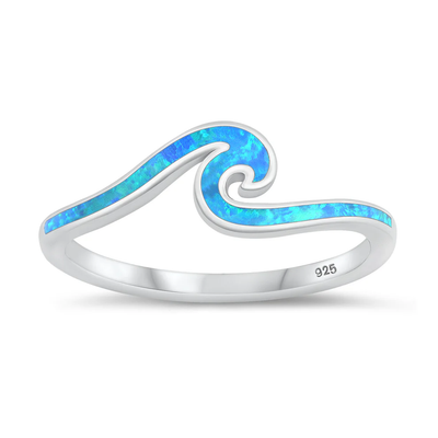Sterling Silver Rhodium Plated Wave Blue Lab Opal Ring