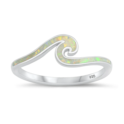Sterling Silver Rhodium Plated Wave White Lab Opal Ring
