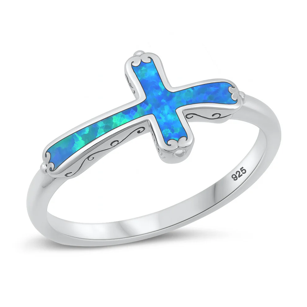 Sterling Silver Rhodium Plated Cross Blue Lab Opal Ring