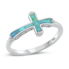 Load image into Gallery viewer, Sterling Silver Oxidized And Polished Cross Genuine Turquoise Stone Ring