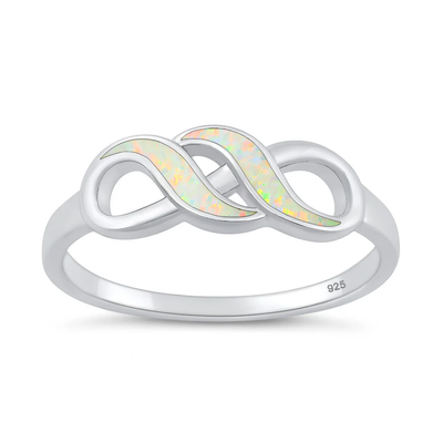 Sterling Silver Rhodium Plated Infinity White Lab Opal Ring