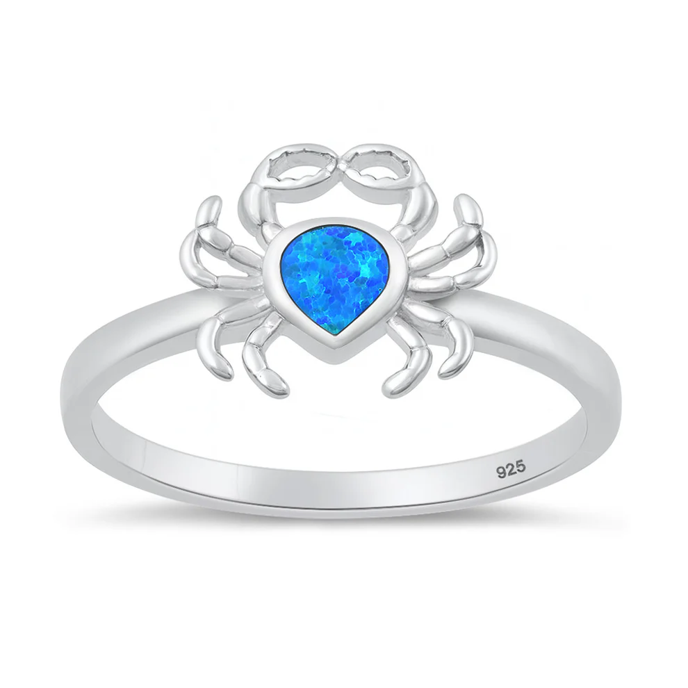 Sterling Silver Rhodium Plated Blue Lab Opal Crab Ring