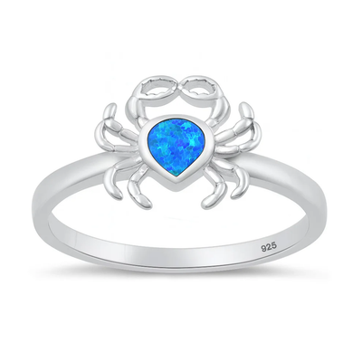 Sterling Silver Rhodium Plated Blue Lab Opal Crab Ring