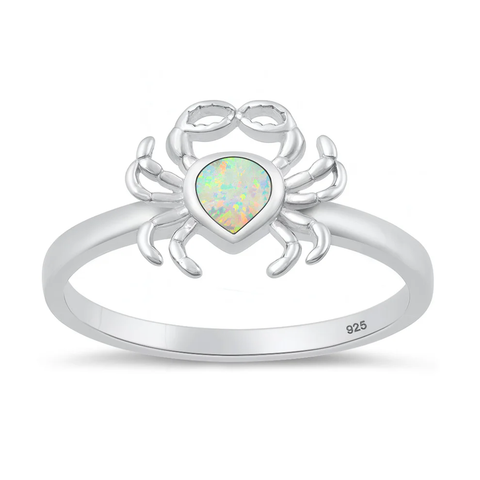 Sterling Silver Rhodium Plated White Lab Opal Crab Ring