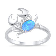 Load image into Gallery viewer, Sterling Silver Rhodium Plated Crab Blue Lab Opal And Clear CZ Ring