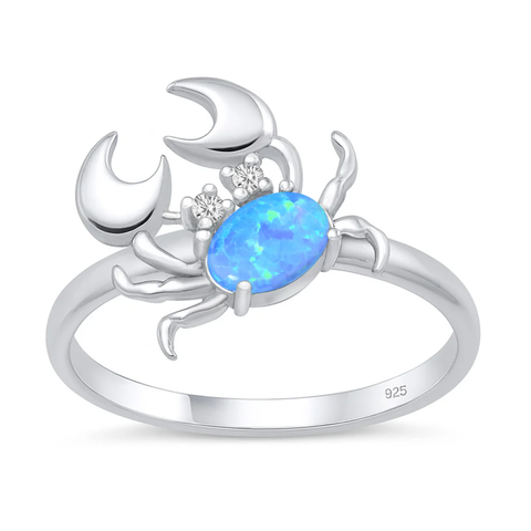 Sterling Silver Rhodium Plated Crab Blue Lab Opal And Clear CZ Ring