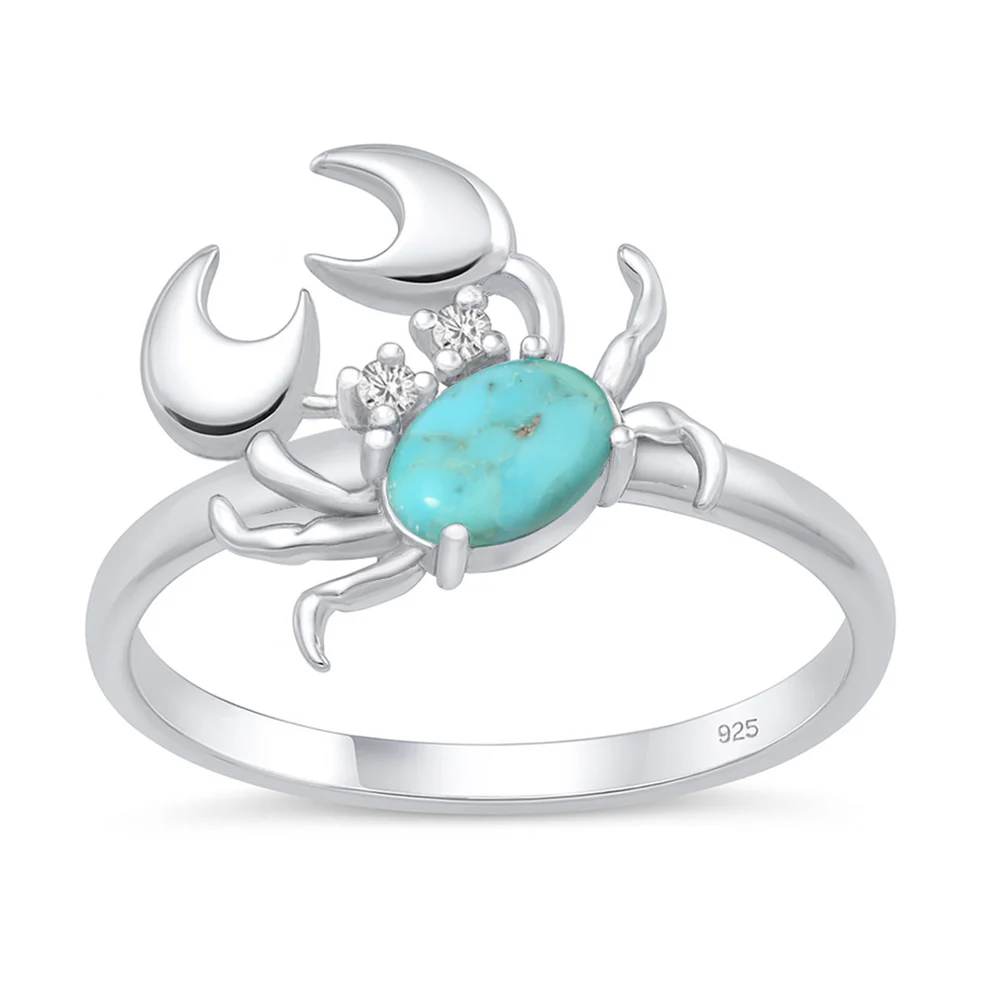 Sterling Silver Rhodium Plated Crab Genuine Turquoise And Clear CZ Ring