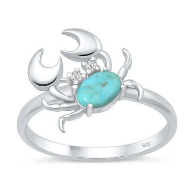 Sterling Silver Rhodium Plated Crab Genuine Turquoise And Clear CZ Ring
