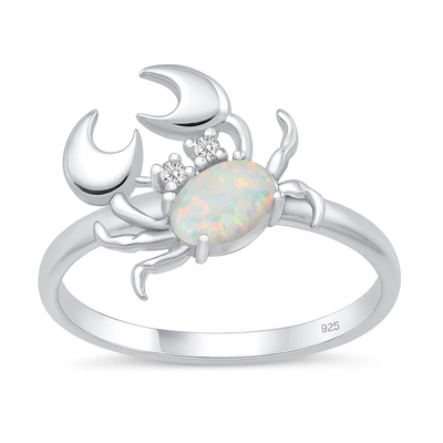 Sterling Silver Rhodium Plated Crab White Lab Opal And Clear CZ Ring