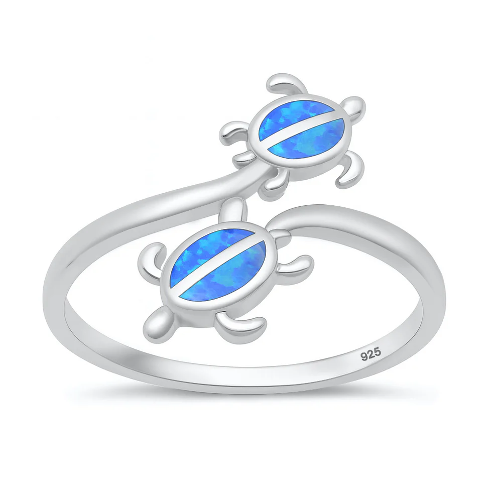 Sterling Silver Rhodium Plated Turtles Blue Lab Opal Ring