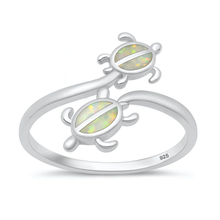 Load image into Gallery viewer, Sterling Silver Rhodium Plated Turtles White Lab Opal Ring