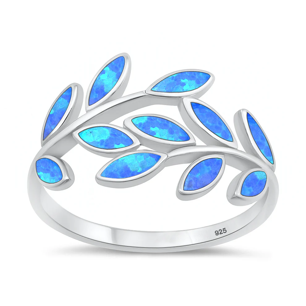 Sterling Silver Rhodium Plated Leaves Blue Lab Opal Ring