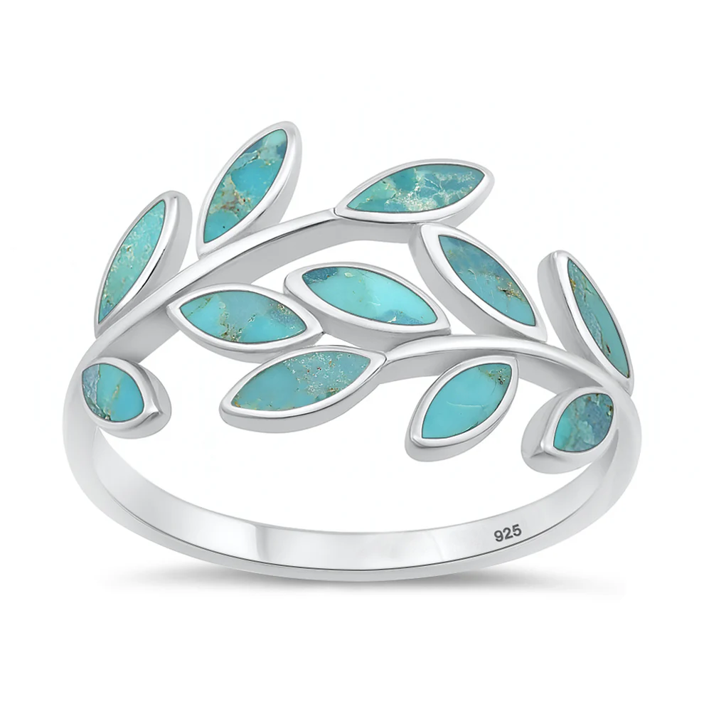 Sterling Silver Rhodium Plated Leaves Turquoise Stone Ring
