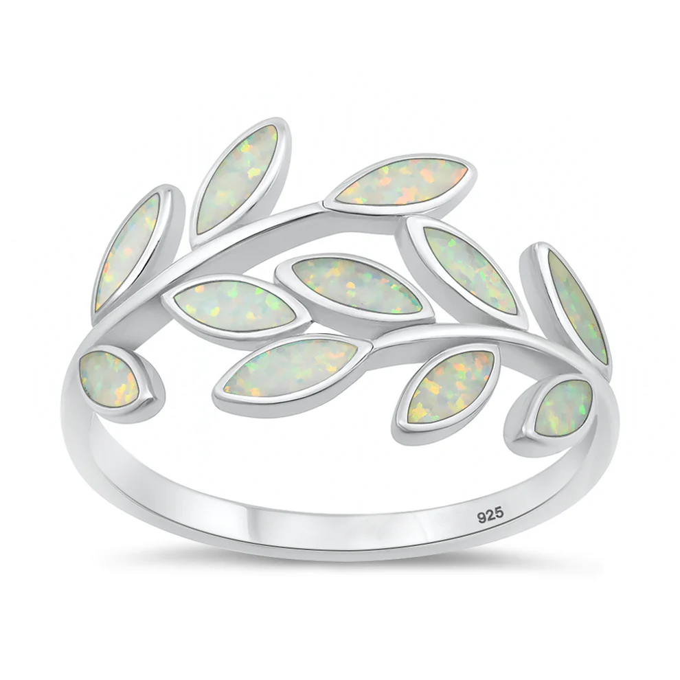 Sterling Silver Rhodium Plated Leaves White Lab Opal Ring