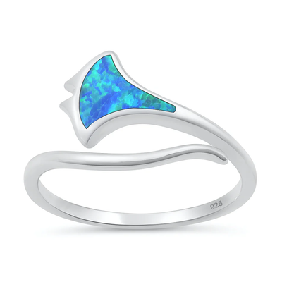 Sterling Silver Rhodium Plated Manta Ray Blue Lab Opal Ring