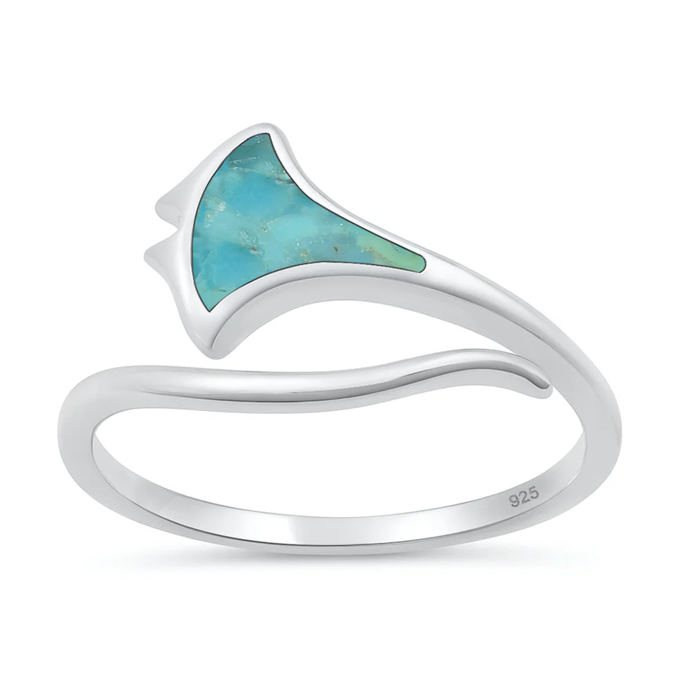 Sterling Silver Rhodium Plated Manta Ray Genuine Turquoise Stone Ring