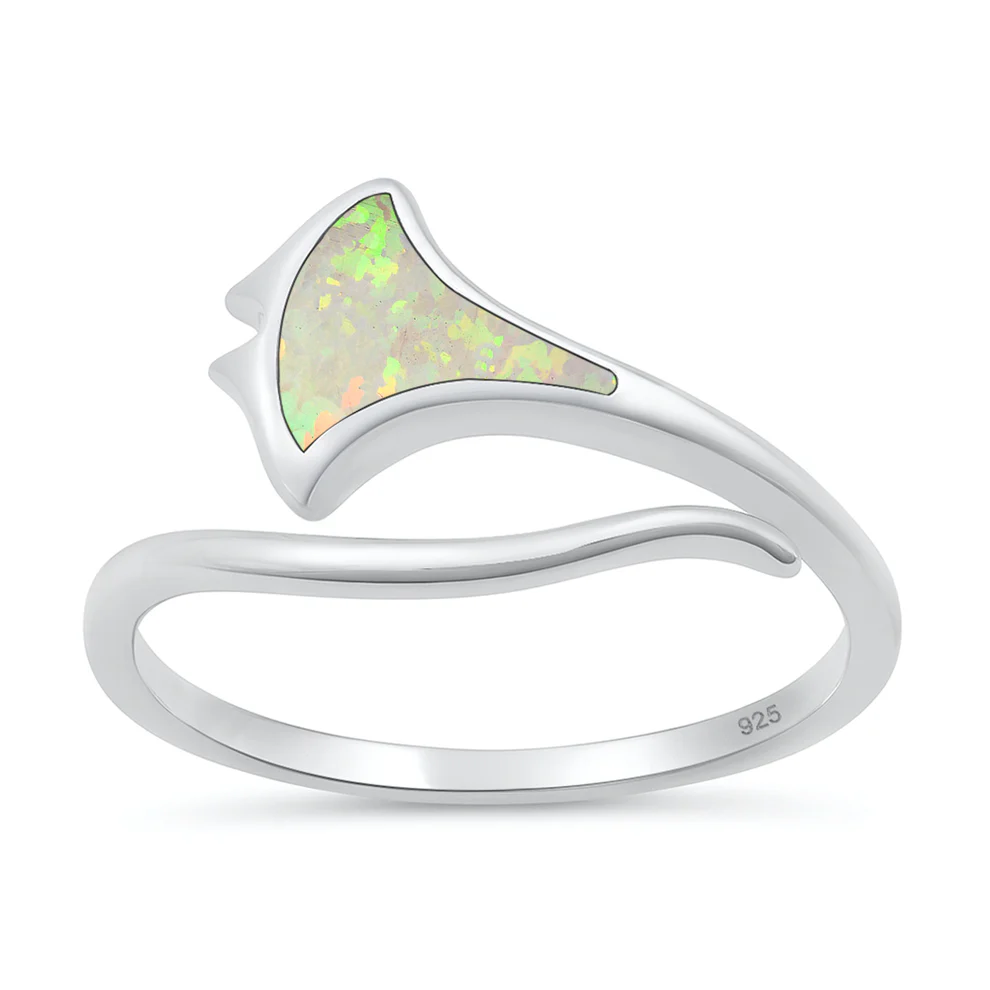 Sterling Silver Oxidized And Polished Manta Ray White Lab Opal Ring