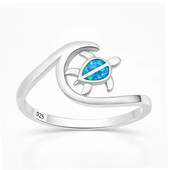 Sterling Silver Rhodium Plated Turtle And Wave Blue Lab Opal Ring