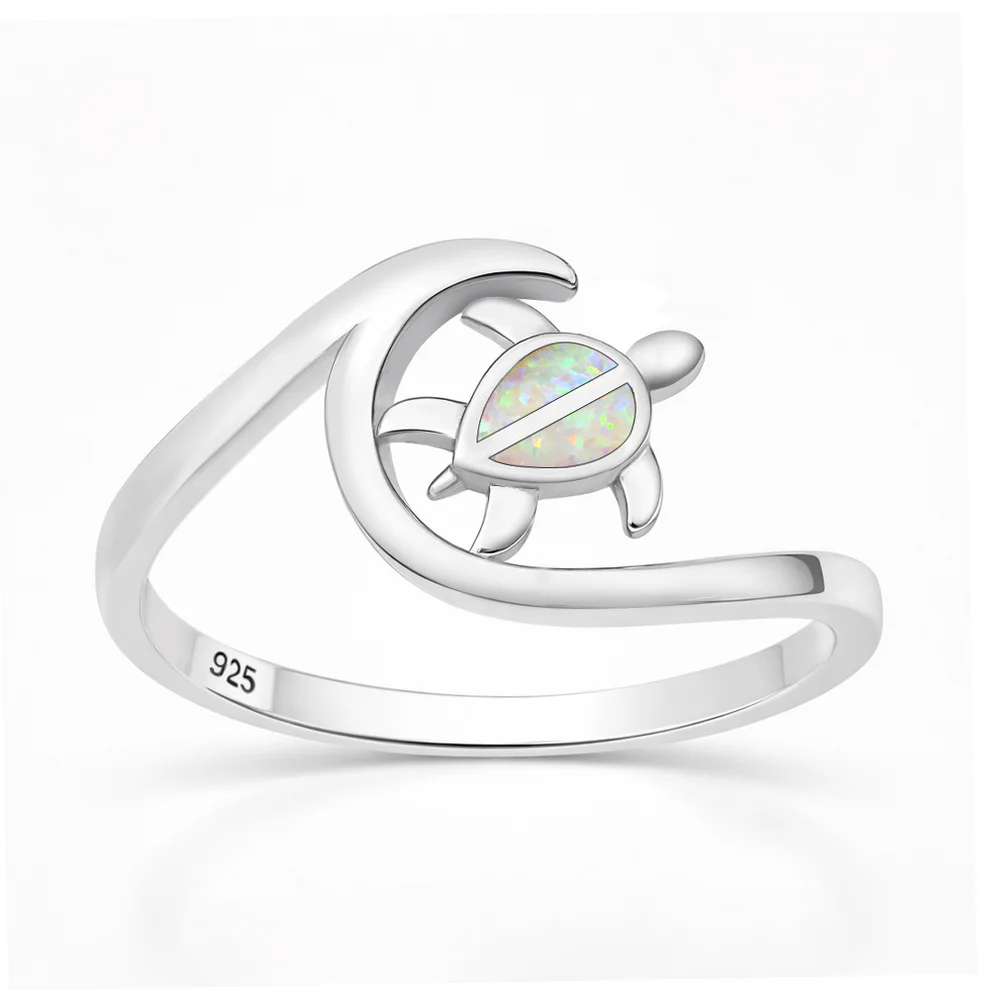 Sterling Silver Rhodium Plated Turtle And Wave White Lab Opal Ring