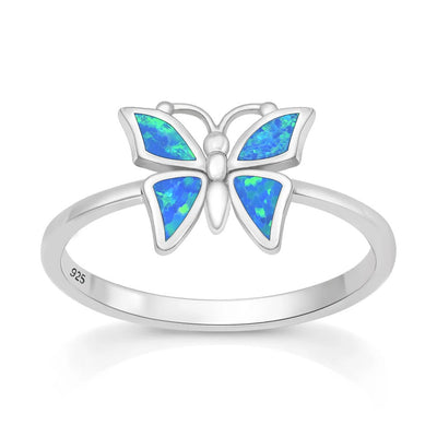 Sterling Silver Rhodium Plated Blue Lab Opal Butterfly Ring